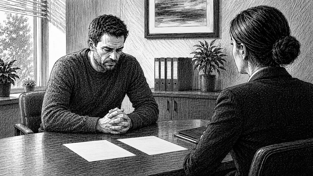 Man receiving difficult news from a solicitor during divorce proceedings in the UK