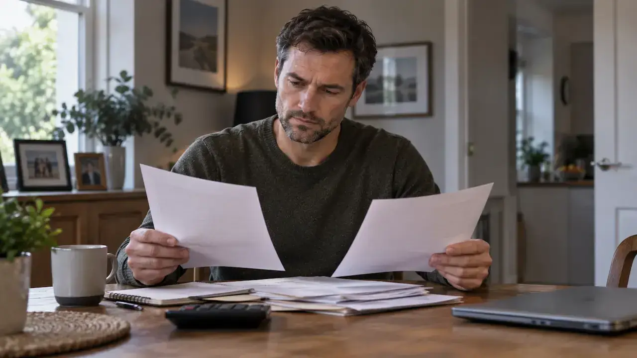 Man comparing two documents at a table, weighing examples of a fair UK divorce settlement