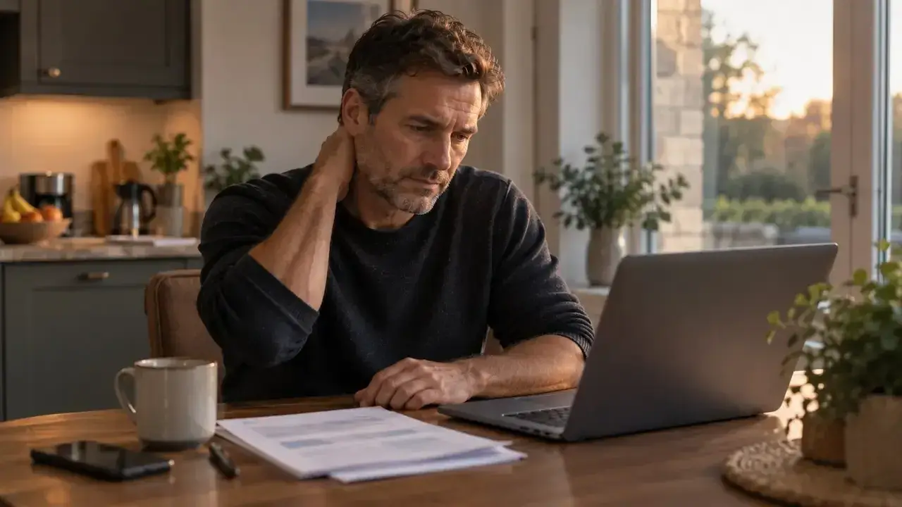 Man reviewing a pension statement at a laptop, working out divorce entitlement to a pension in the UK