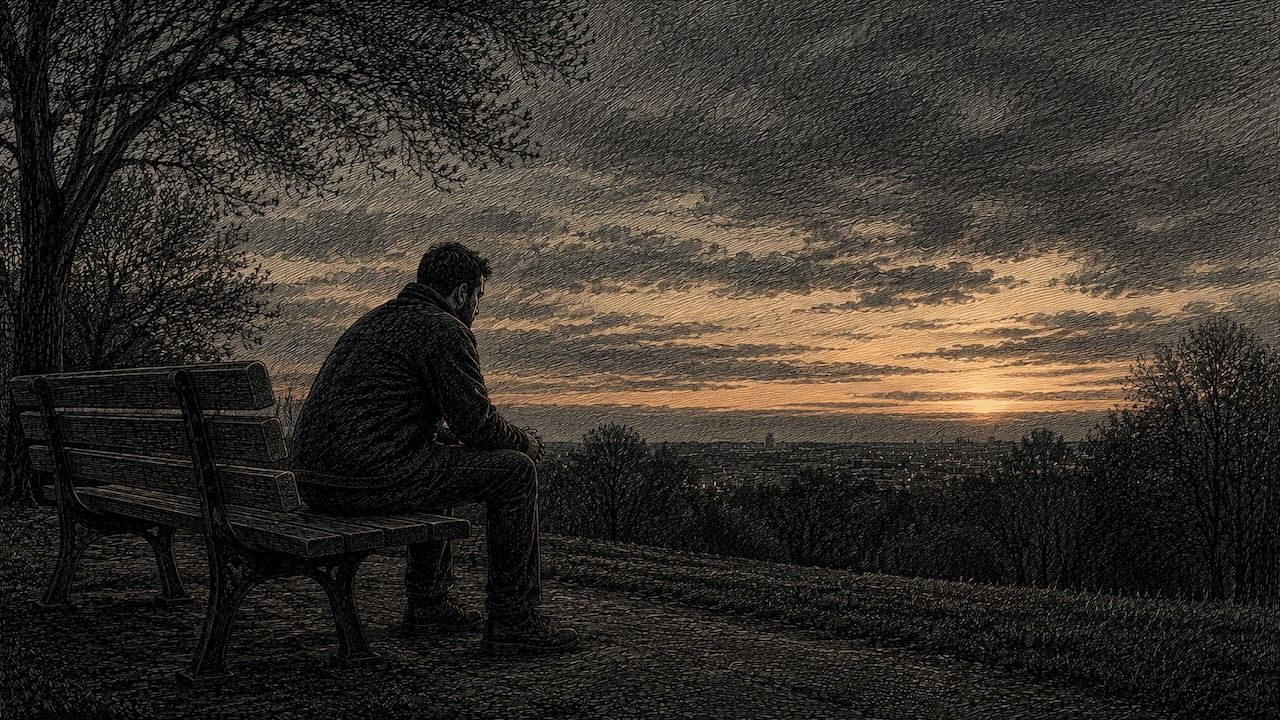Man sitting alone on a bench at dusk looking into the distance