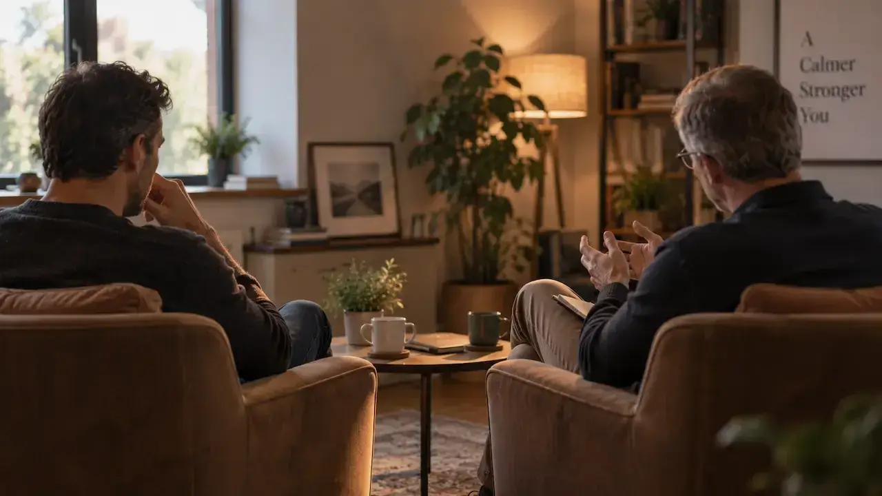 Two people talking in a warm, private room during a divorce counselling session for men