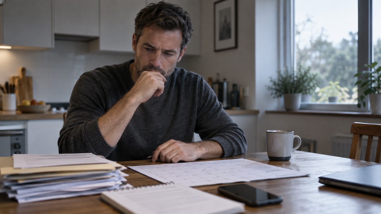 Man reviewing paperwork and a calendar at a kitchen table, representing the stages of the UK divorce process