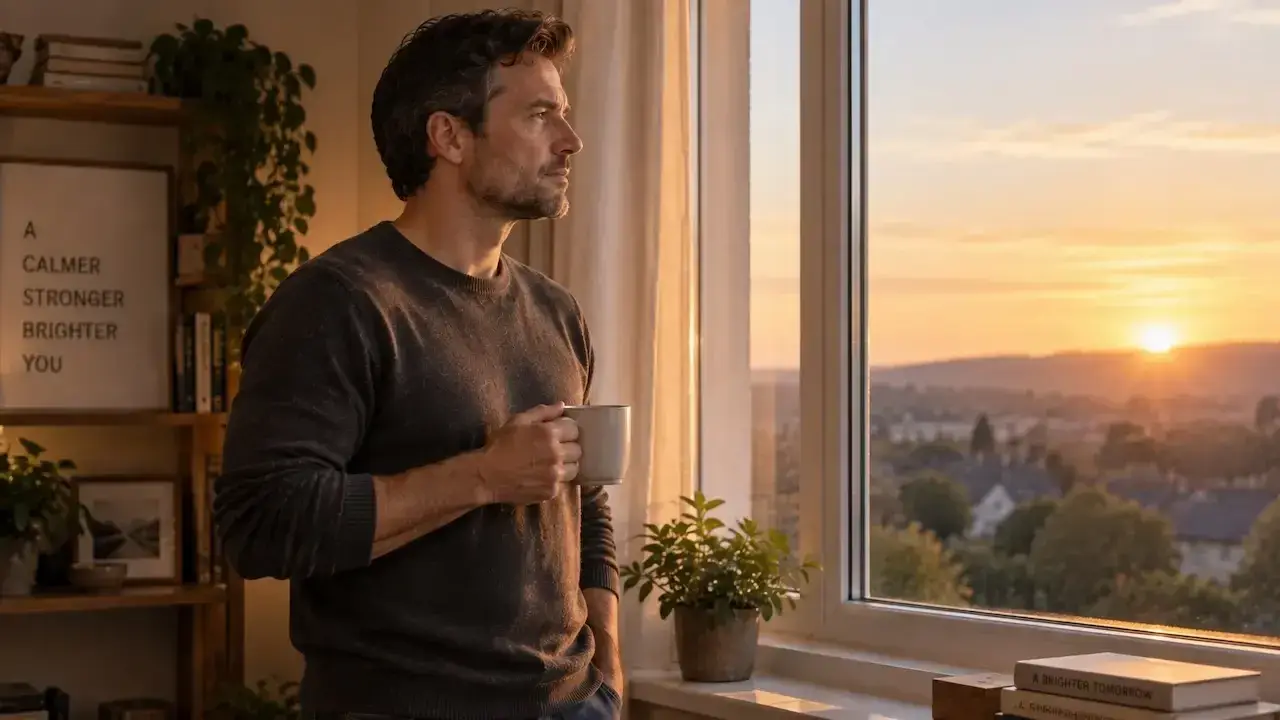 Man looking out of a window at sunrise, reflecting on mental health during a UK divorce settlement