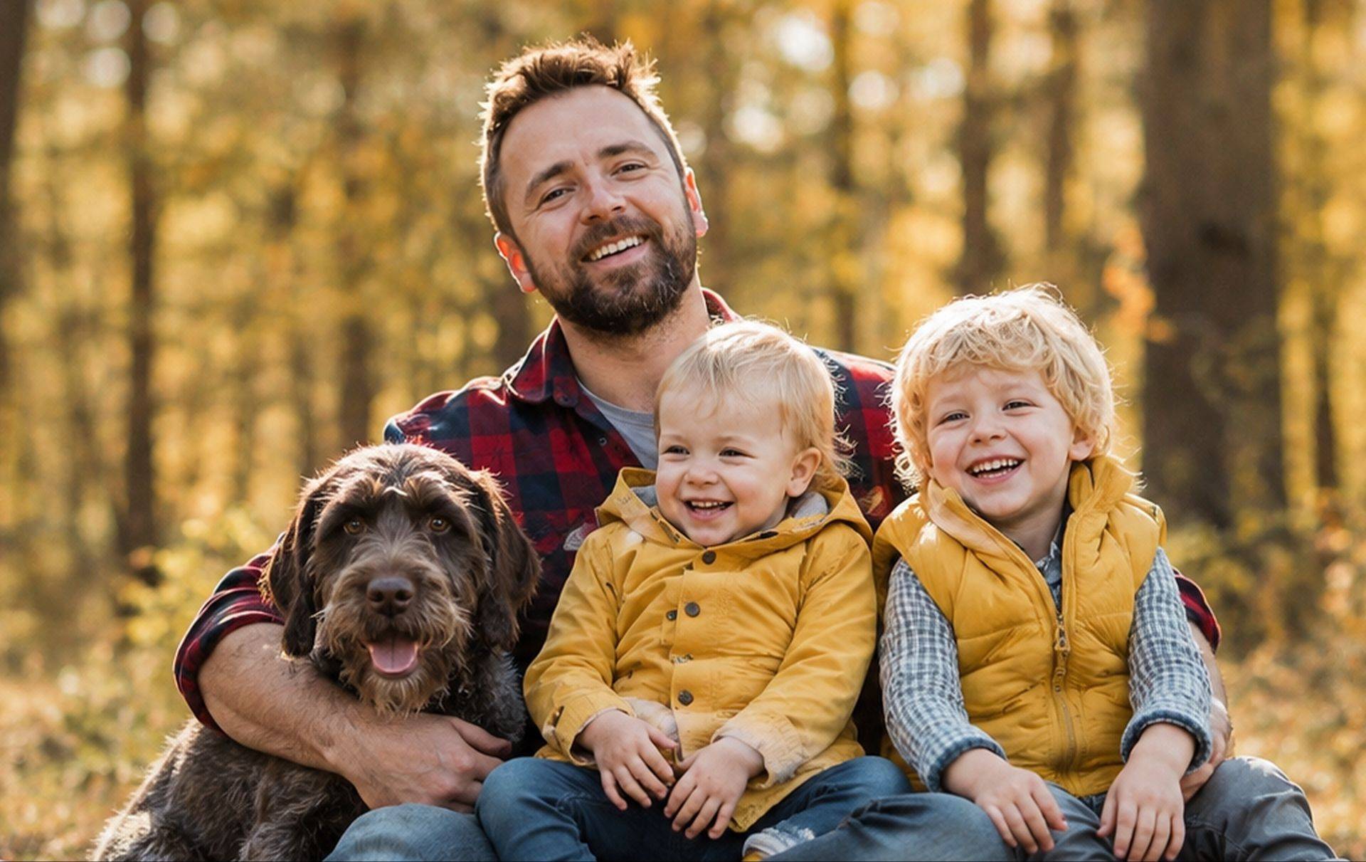 Happy father with kids and dogs post divorce.