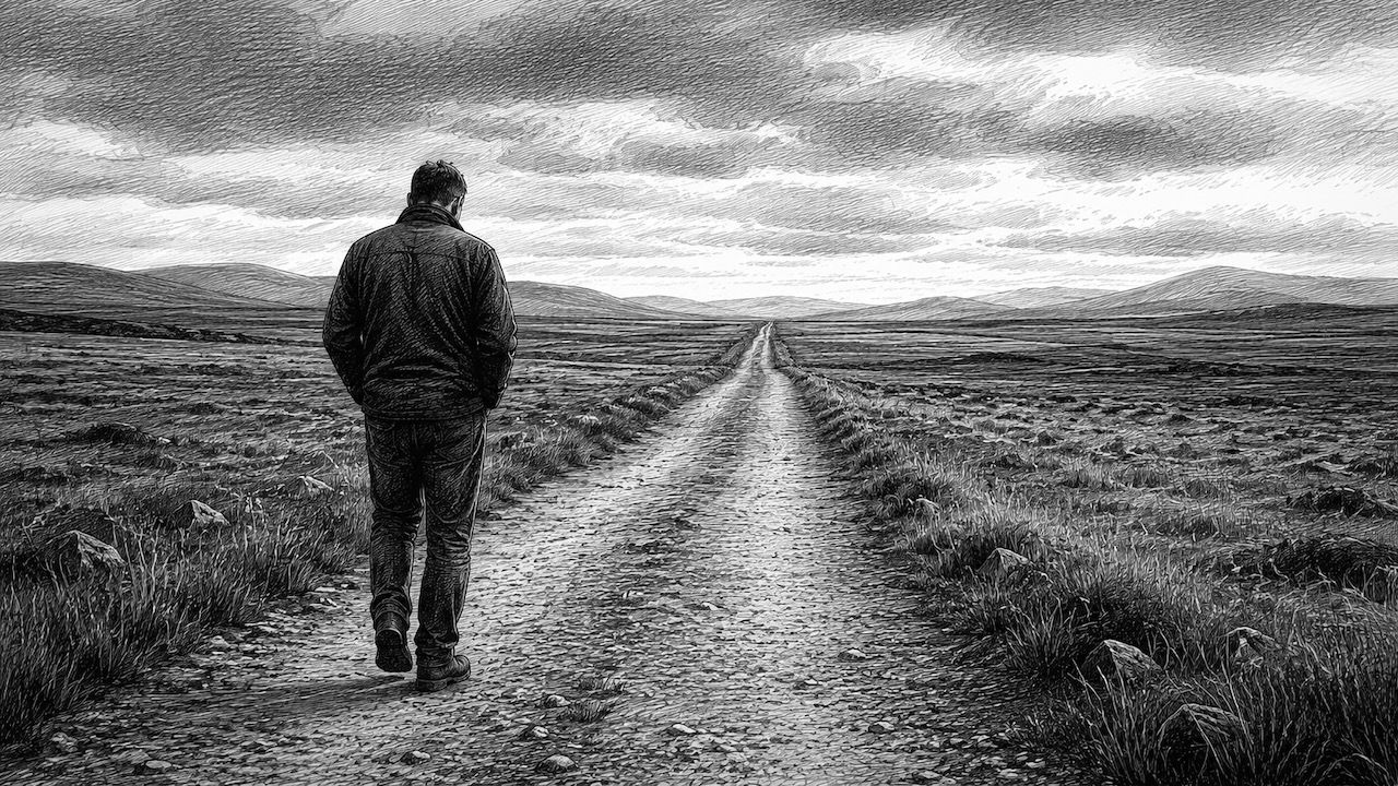 Man walking alone along a long empty path during divorce
