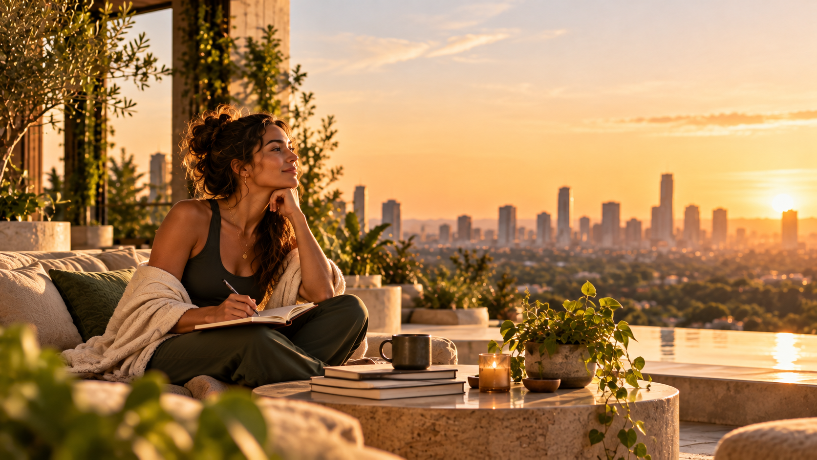 A woman writing and reflecting at sunset