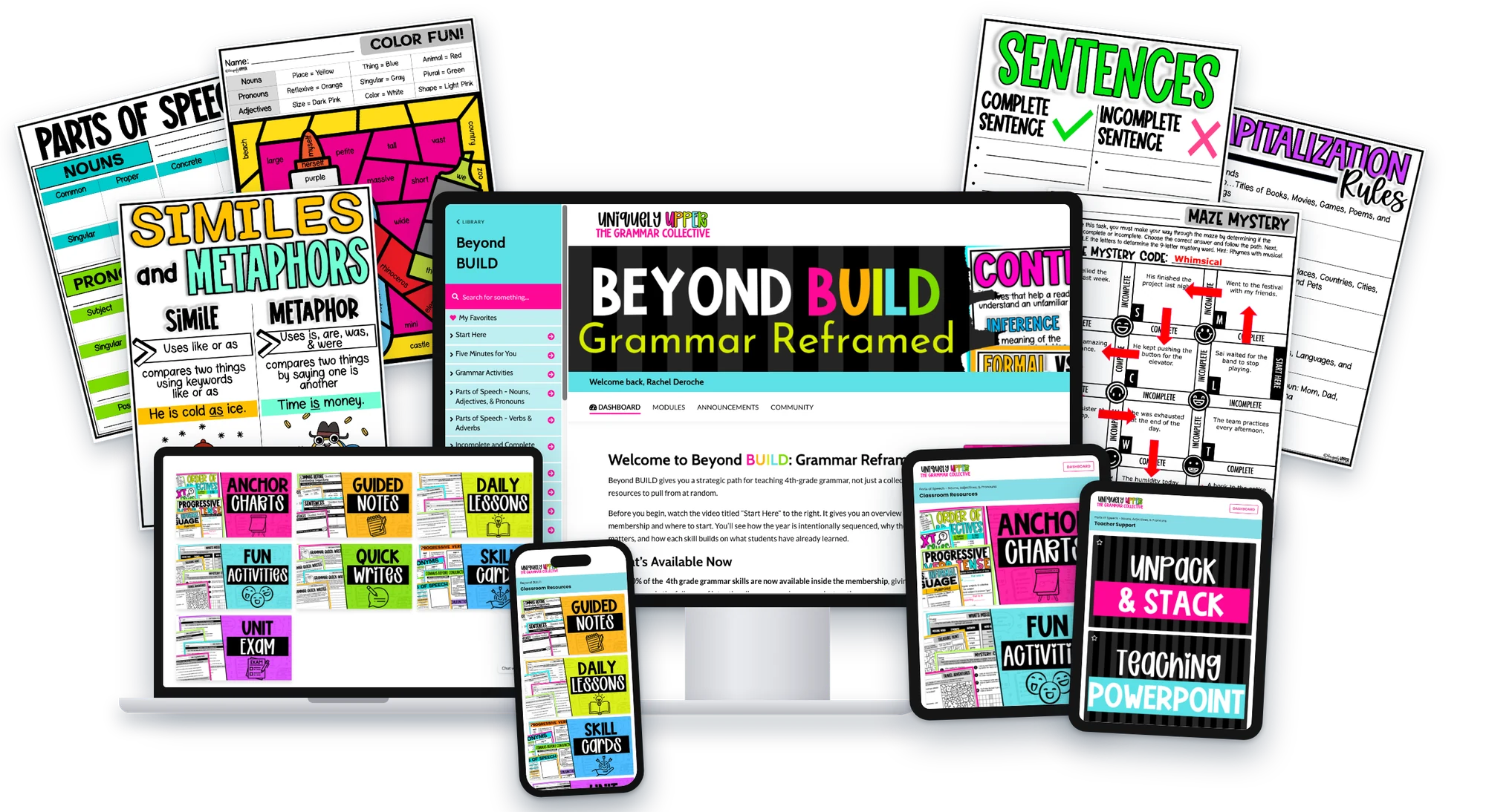 The Beyond BUILD 4th Grade member area on a desktop, laptop, two tablets and a phone, with printed anchor charts and activities behind