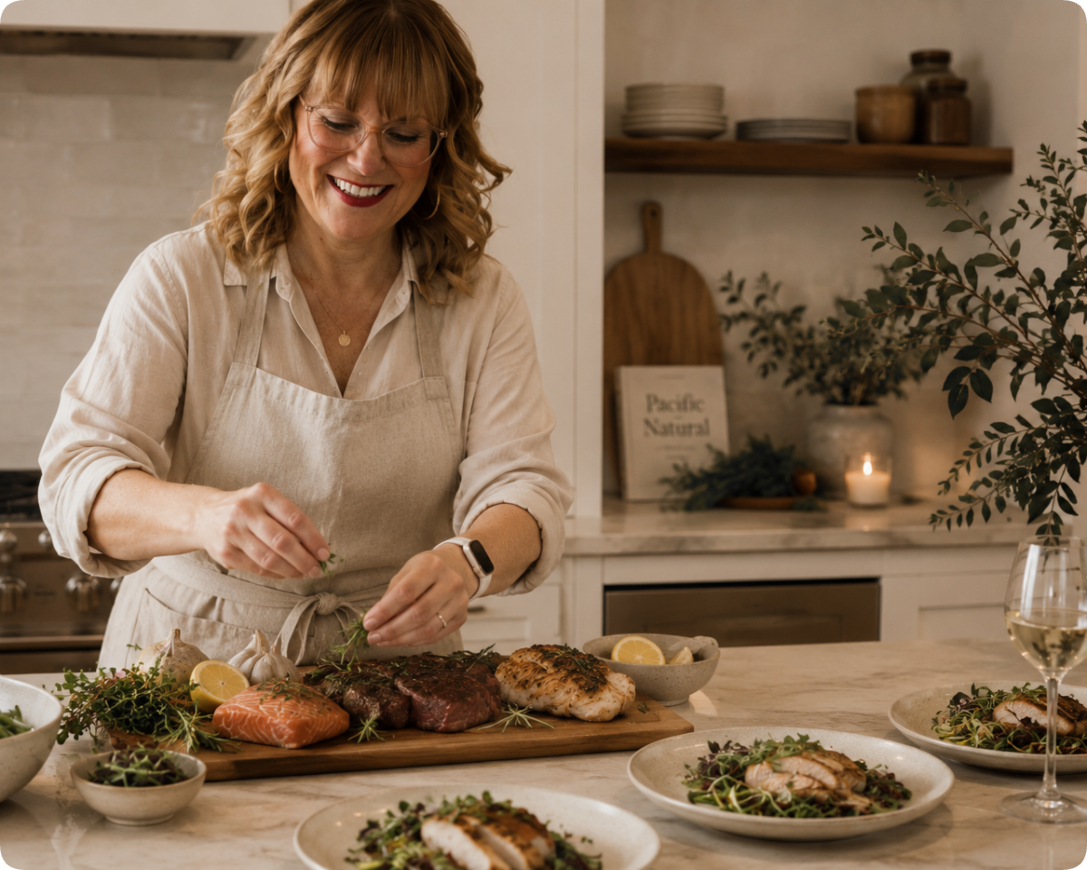 Lynne preparing an elegant in-home private dining meal in a client's kitchen