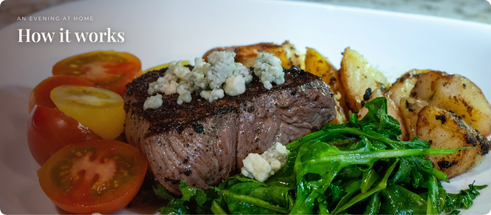 Seared steak with roasted potatoes and greens plated for an in-home dinner, labeled "An evening at home, How it works"
