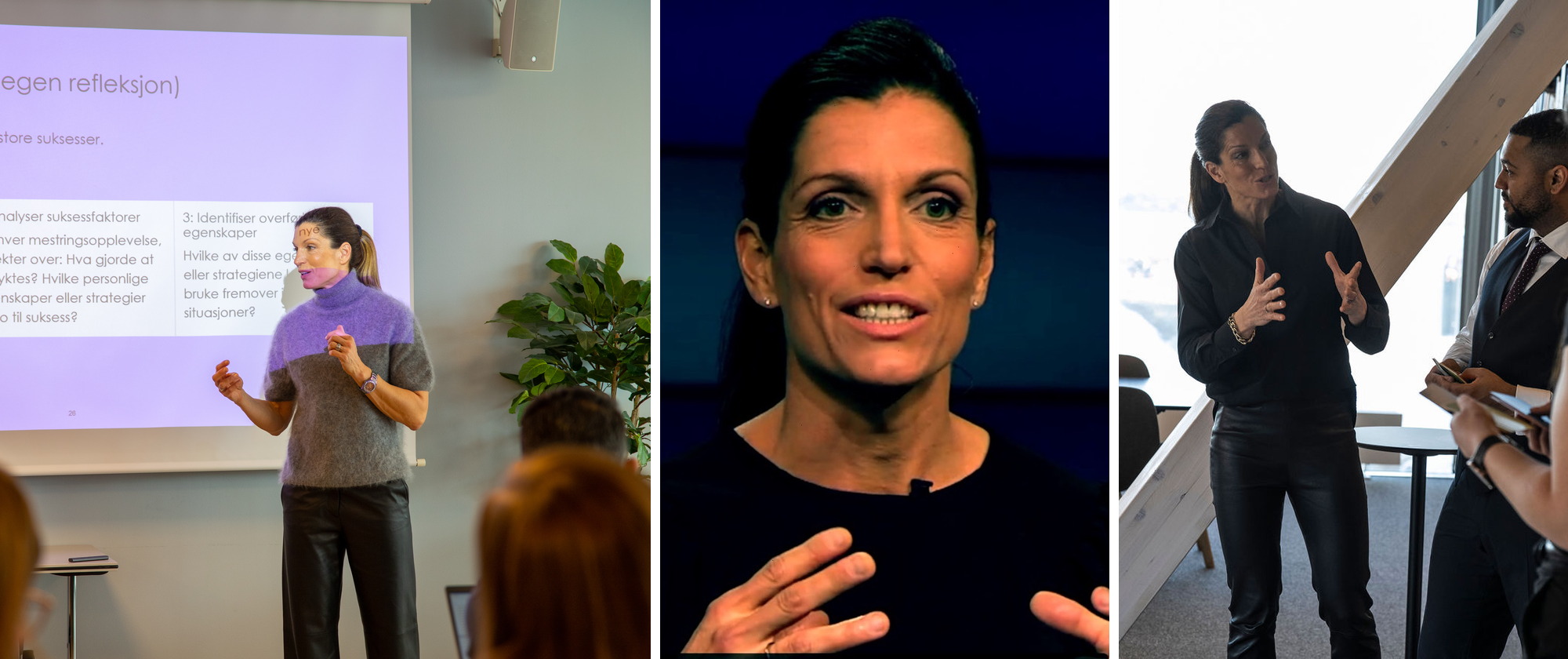 Elke Rønningen holder foredrag, i TV-studio og i arbeid med en mindre gruppe ledere