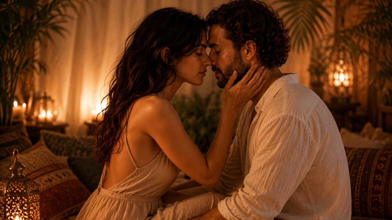 Couple sharing authentic intimacy through presence, vulnerability, and emotional connection.