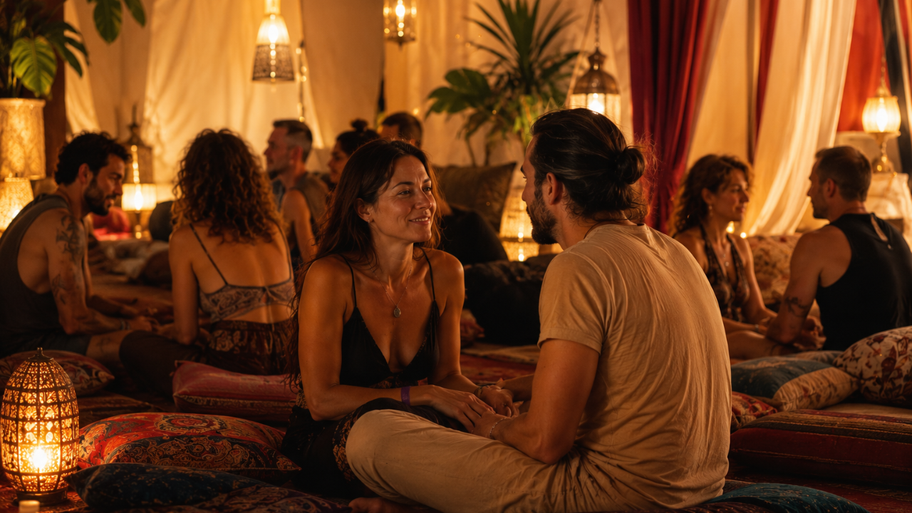 People connecting in a conscious relationship space during a Tantra retreat Love Lounge.