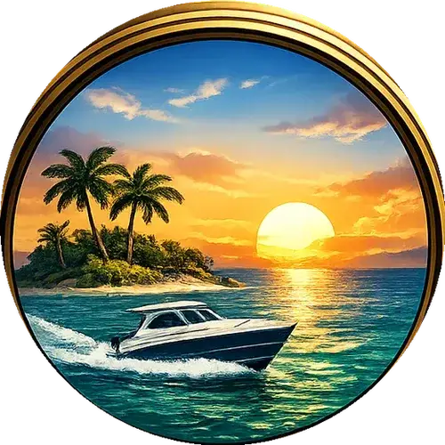 The view through the porthole, a boat heading toward a sunset over open water