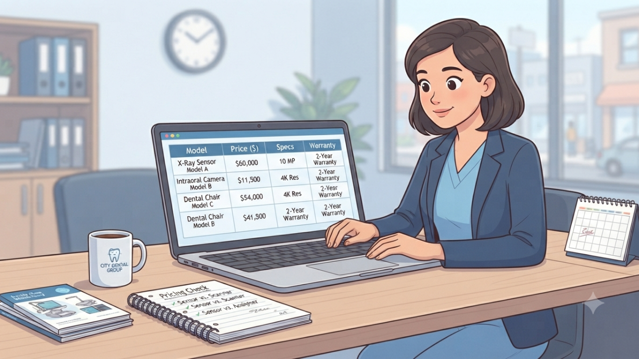 Dental practice owner reviewing equipment depreciation schedule — DentalAssetIQ asset management
