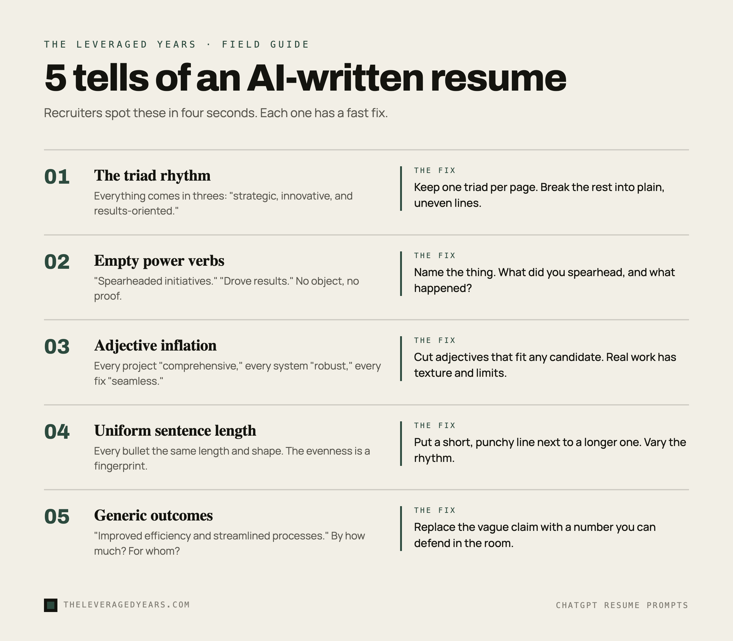 Infographic listing five tells of an AI-written resume, the triad rhythm, empty power verbs, adjective inflation, uniform sentence length, and generic outcomes, each with a one-line fix, in The Leveraged Years brand style.