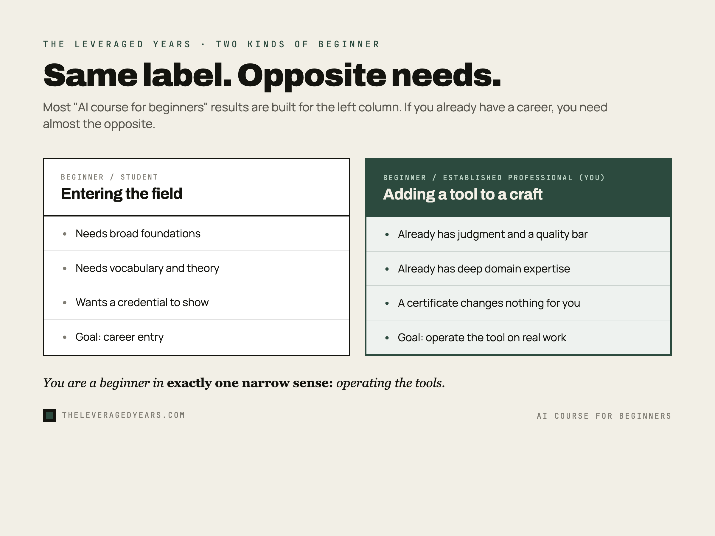 A split infographic comparing two kinds of beginner, on the left a student who needs broad foundations, vocabulary, a credential and career entry, and on the right an established professional who already has judgment, domain expertise and a quality bar and needs only to operate the tool on real work, in The Leveraged Years brand style.