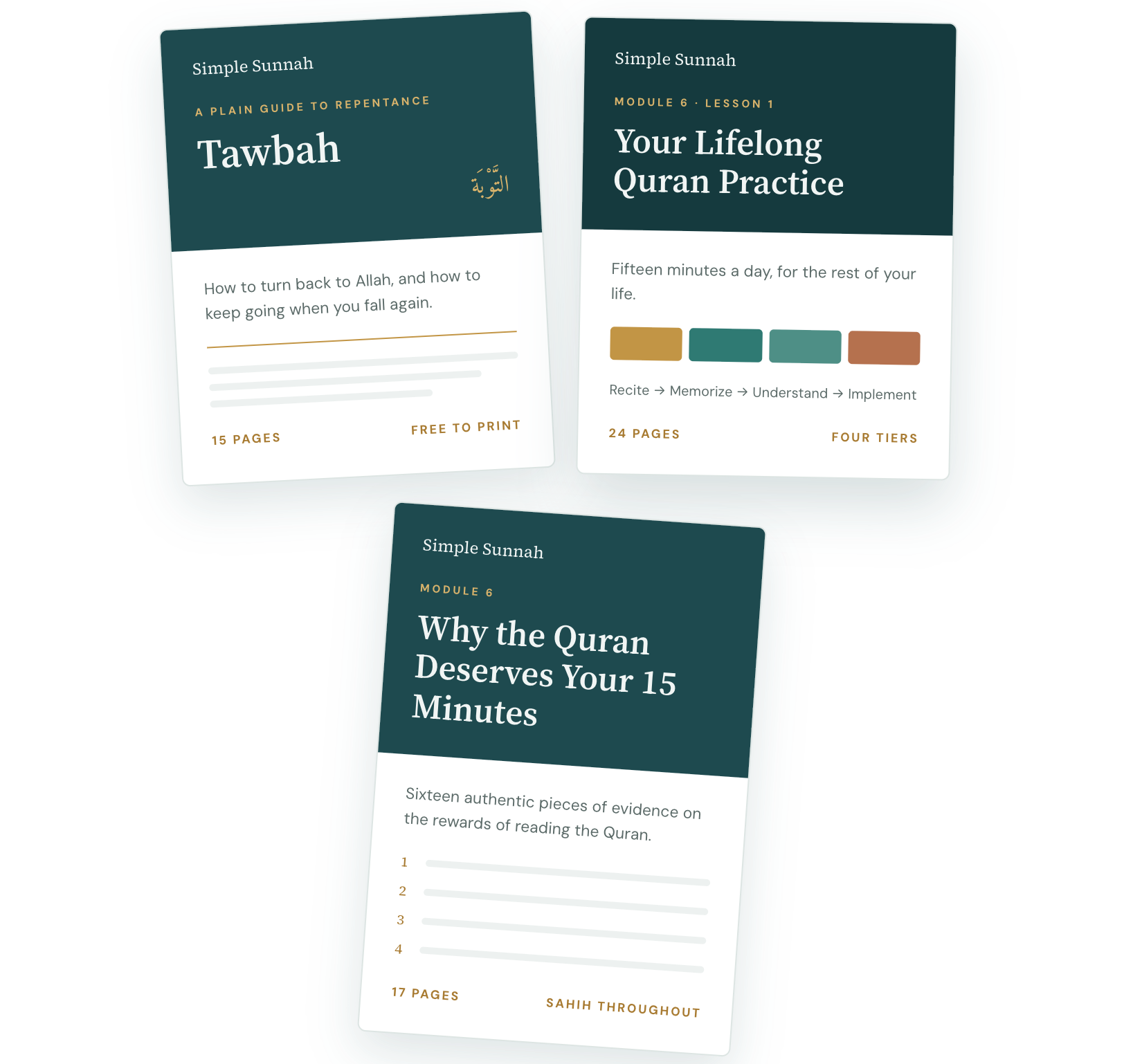 The resource library: printable guides that carry the lesson out of the video. Tawbah, Your Lifelong Quran Practice, and Why the Quran Deserves Your 15 Minutes.