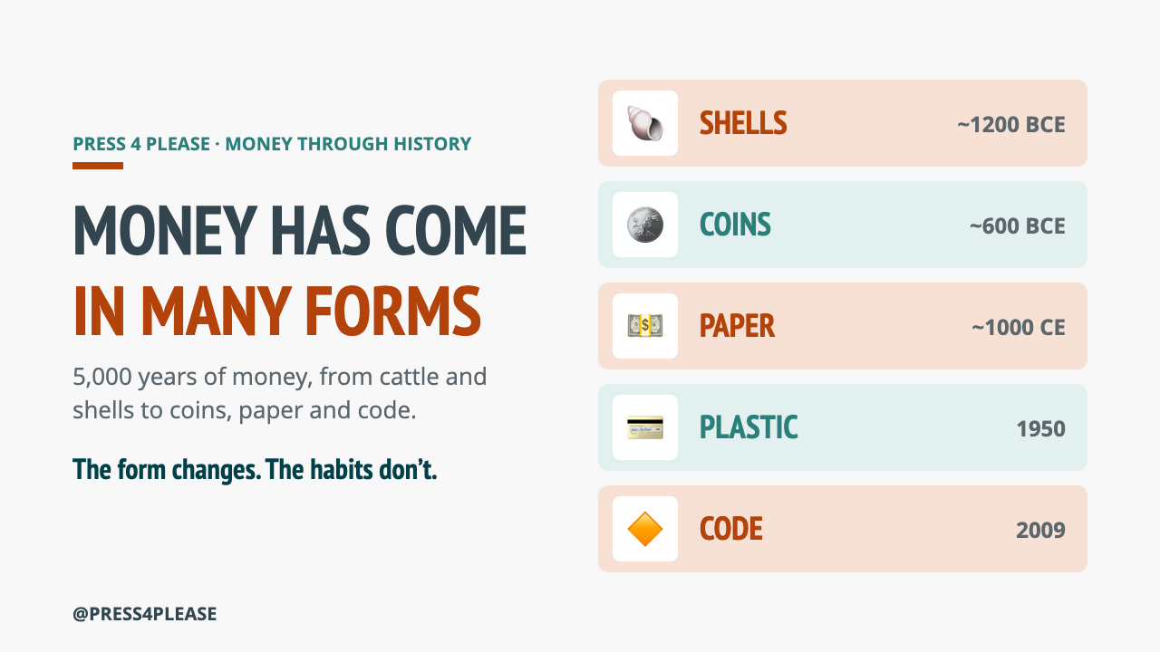 The history of money, from barter and shells to coins, paper and Bitcoin