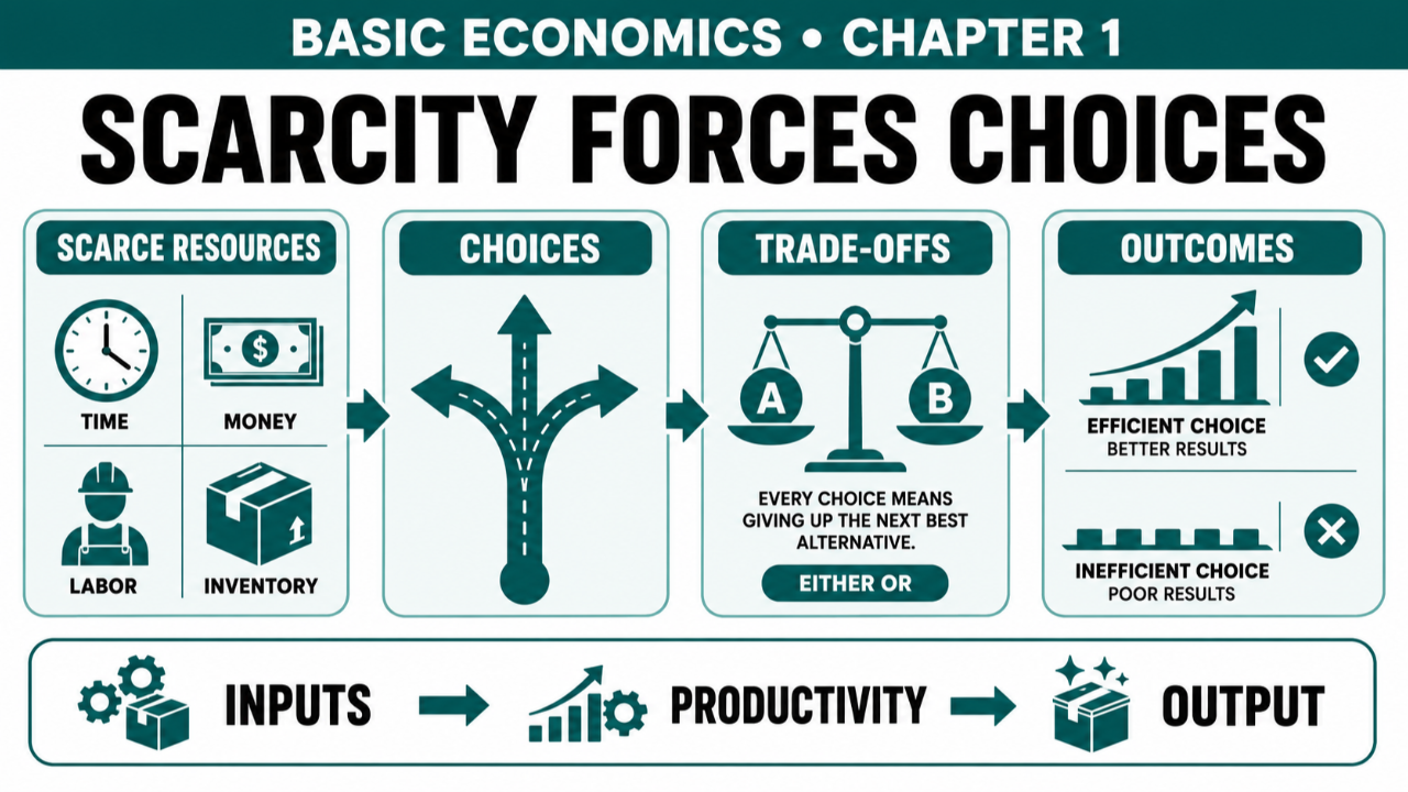 Basic Economics Chapter 1: Scarcity Forces Choices infographic