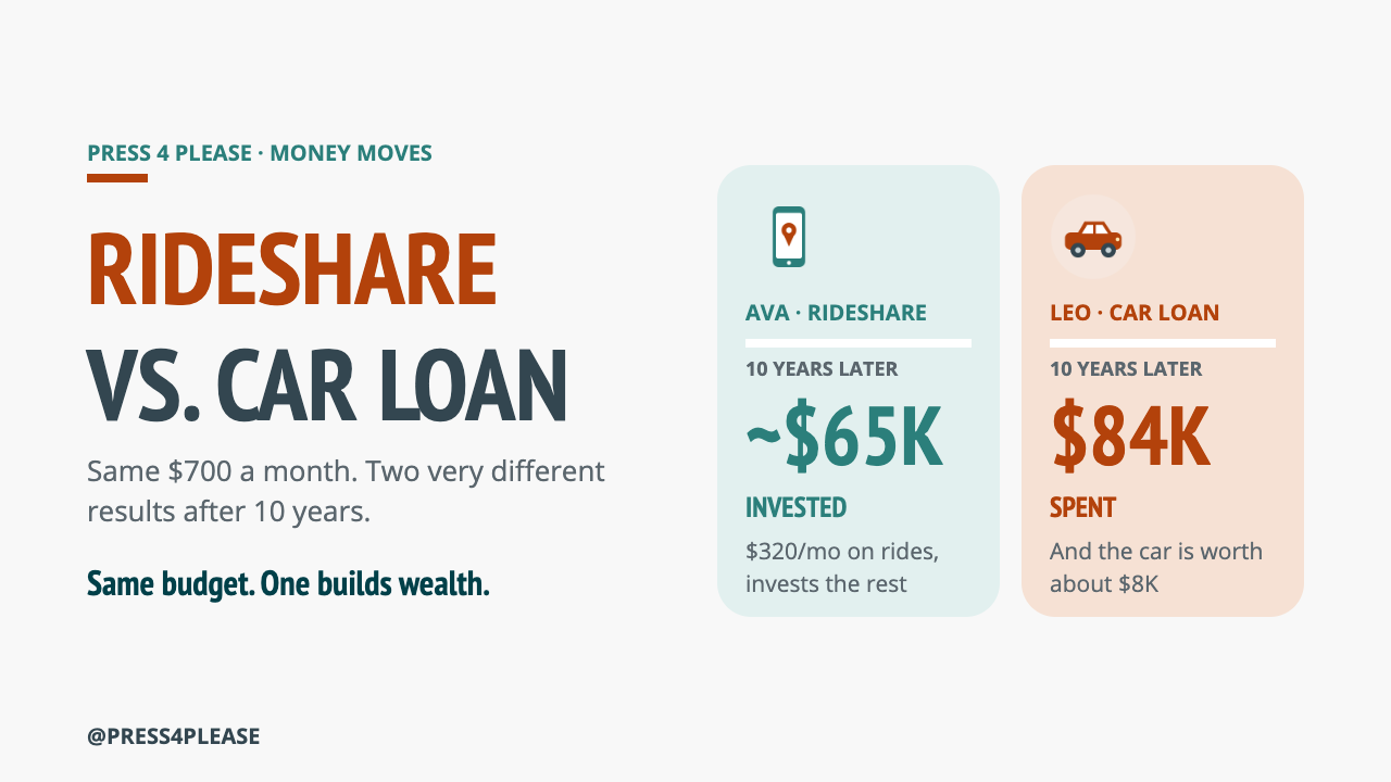Rideshare vs. car loan: same budget, two very different results after 10 years