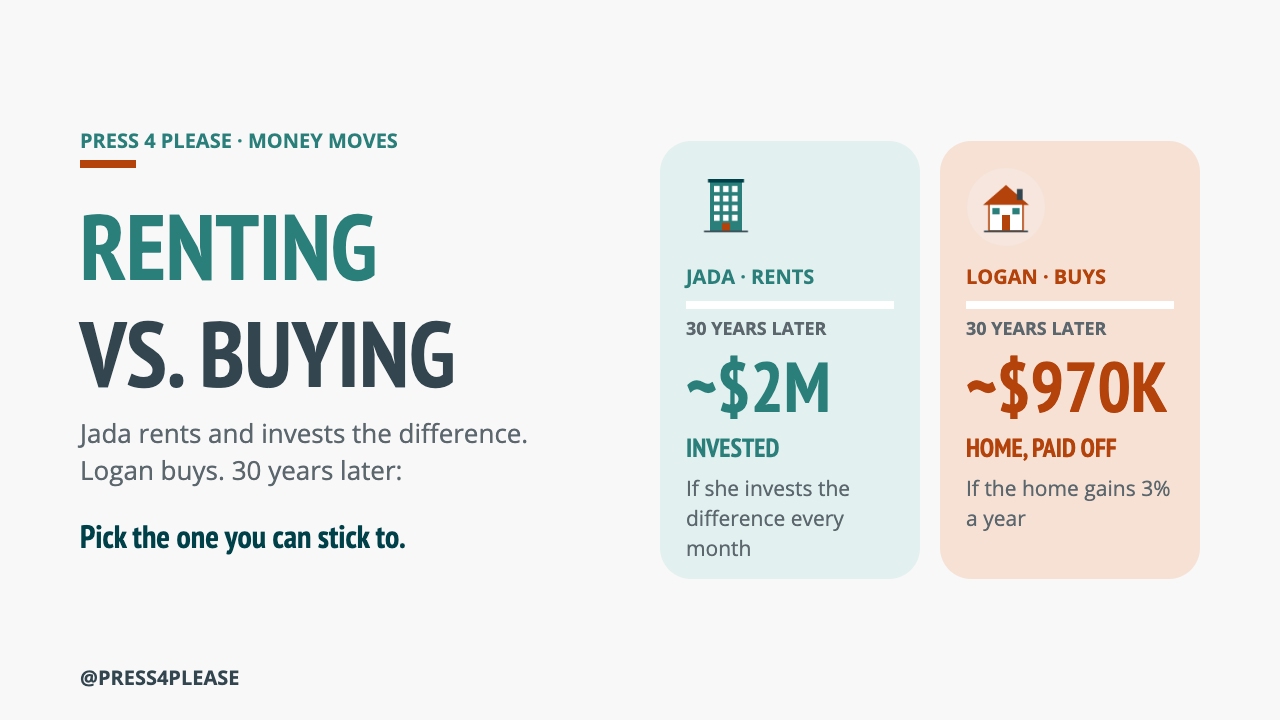 Renting vs. buying: Jada rents and invests, Logan buys, 30 years later
