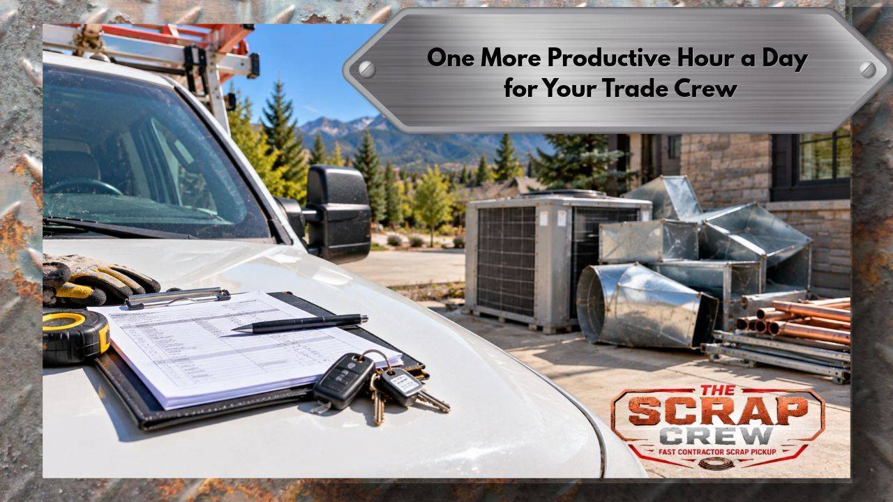 trade truck with schedule on hood and a pile of scrap ready for scrap crew pickup