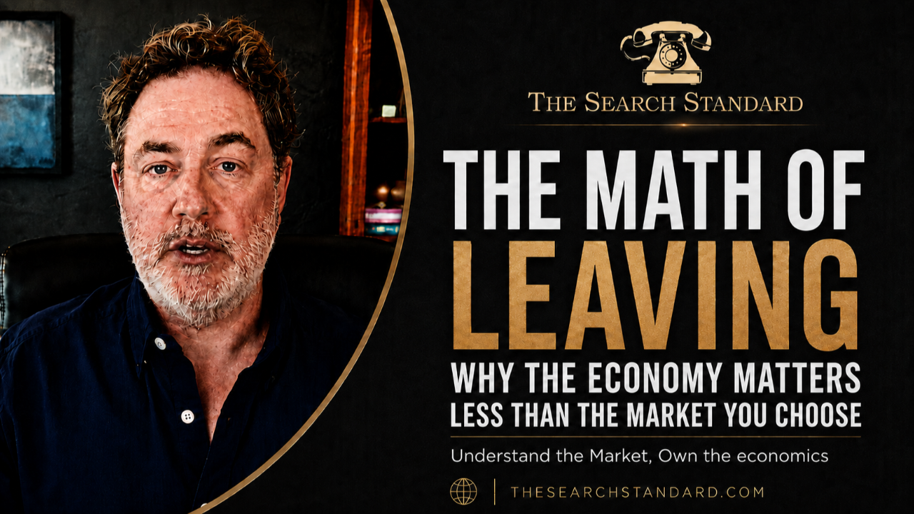 David Lefcourt, founder of The Search Standard, beside the title The Math of Leaving: Why the Economy Matters Less than the Market You Choose