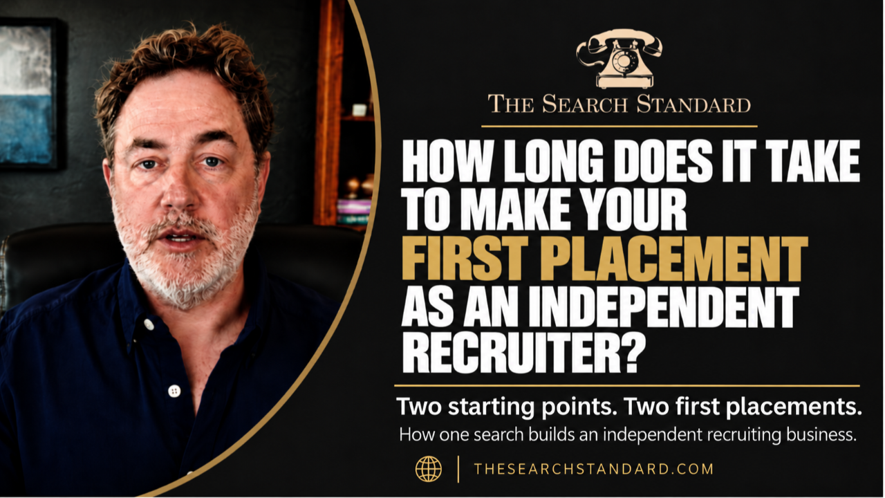 David Lefcourt of The Search Standard beside the headline “How Long Does It Take to Make Your First Placement as an Independent Recruiter?”
