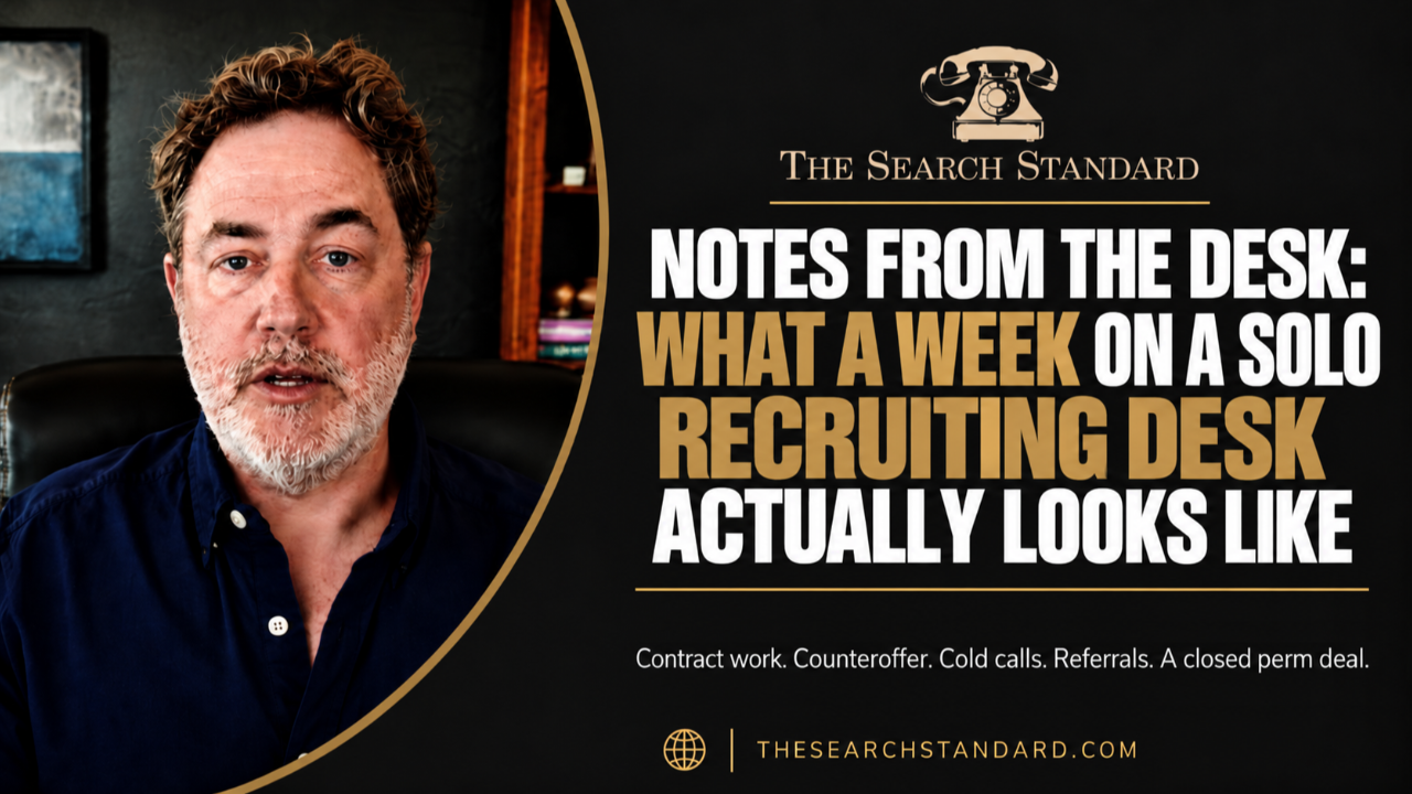David Lefcourt of The Search Standard beside a blog graphic for “Notes From the Desk: What a Week on a Solo Recruiting Desk Actually Looks Like.