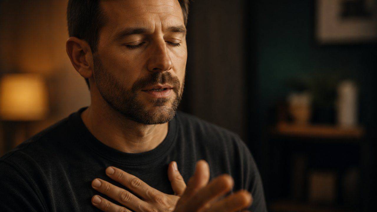 Father taking a quiet moment with his hand over his heart