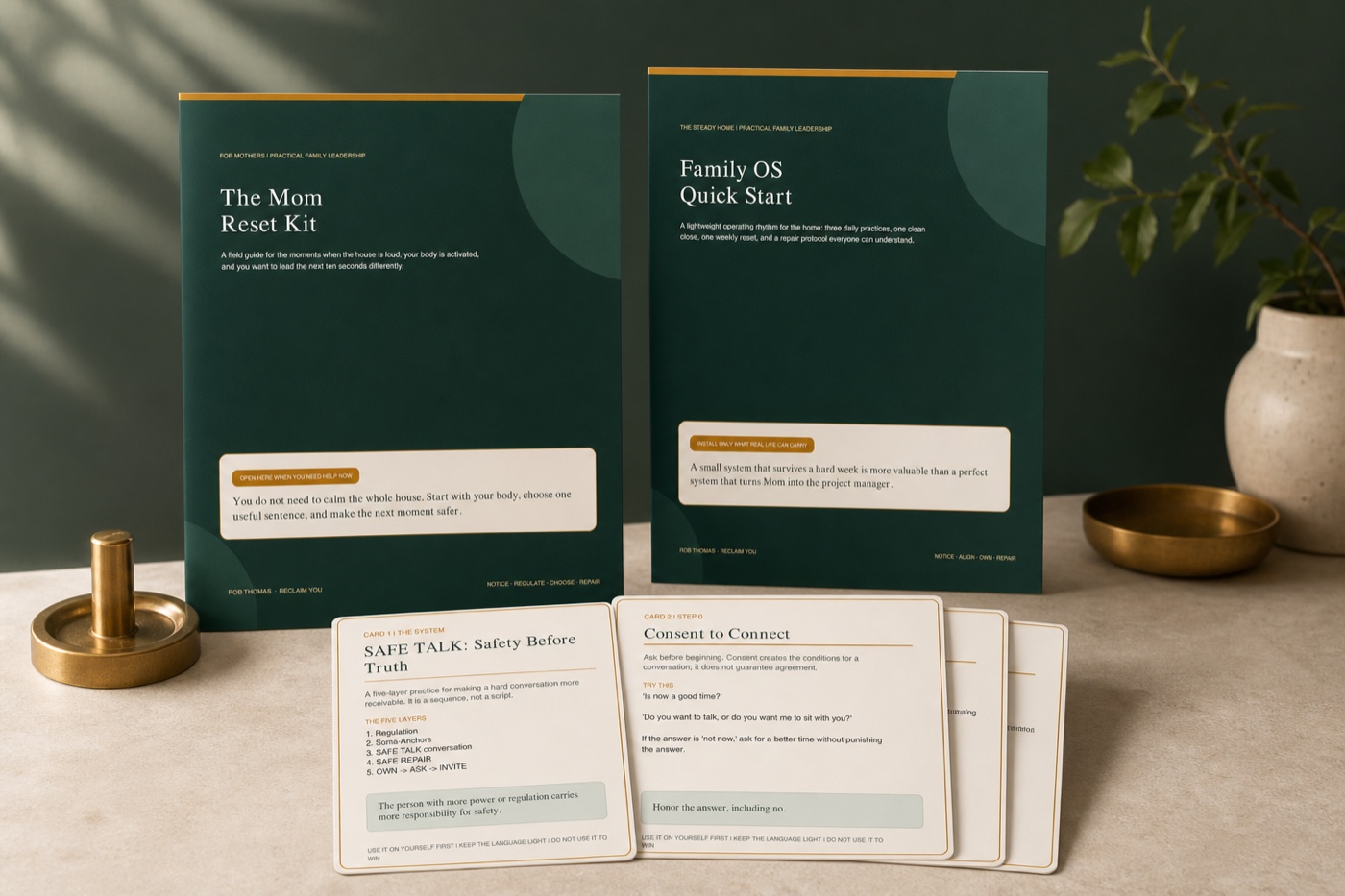 Digital mockup of the Mom Reset Kit, Family OS Quick Start, and SAFE TALK card set