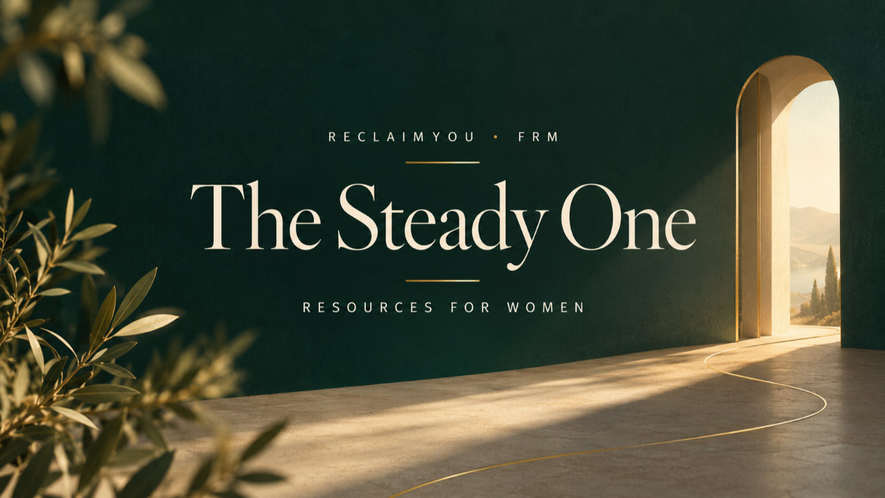 The Steady One course cover in evergreen and brass, with an open doorway and warm light