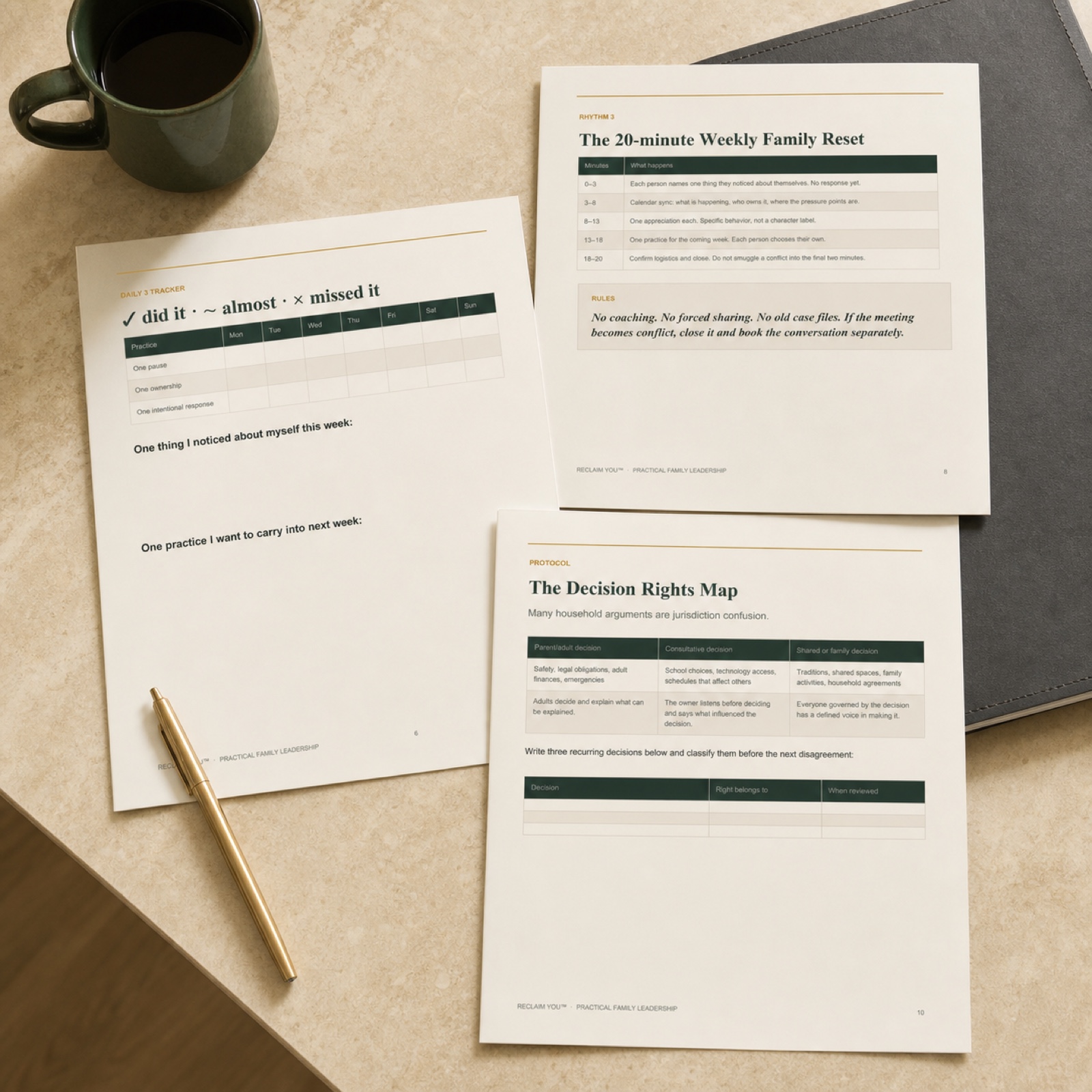 Simple Family OS dashboard and weekly planning tools arranged on a kitchen table