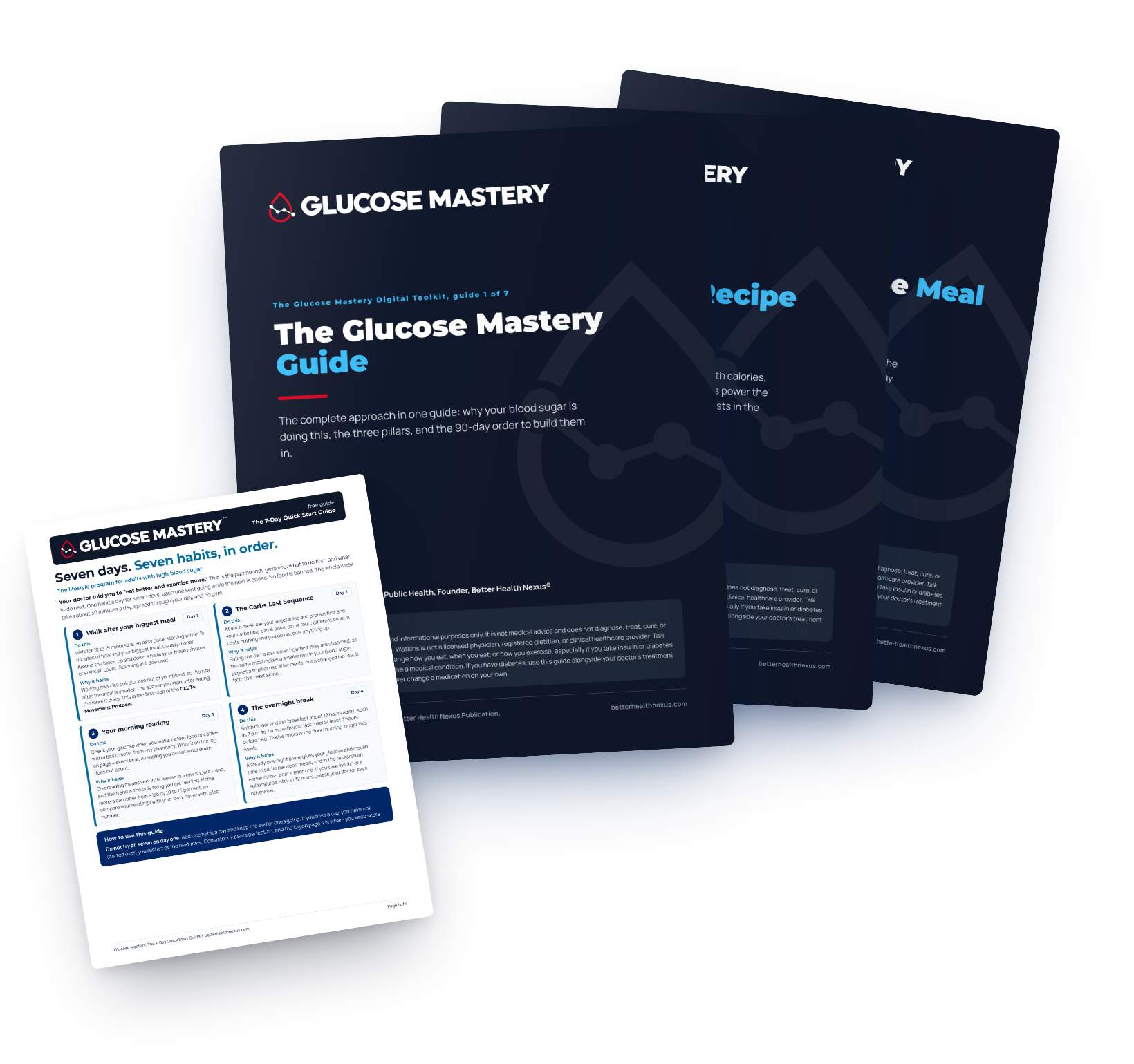 The Glucose Mastery guides: the Glucose Mastery Guide, the Recipe Cookbook, the Meal Planner and the Quick Start Guide