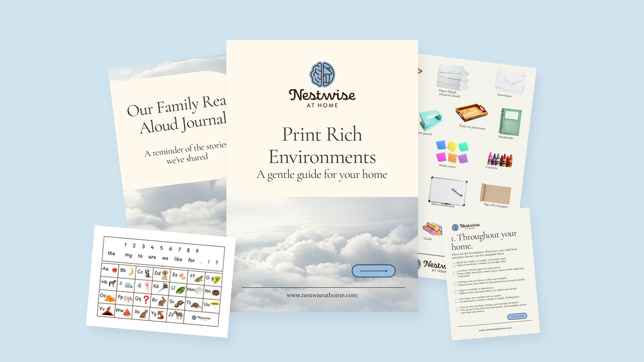 The Print Rich Home: the guide, the Family Read Aloud Journal, the materials pages and the alphabet reference card