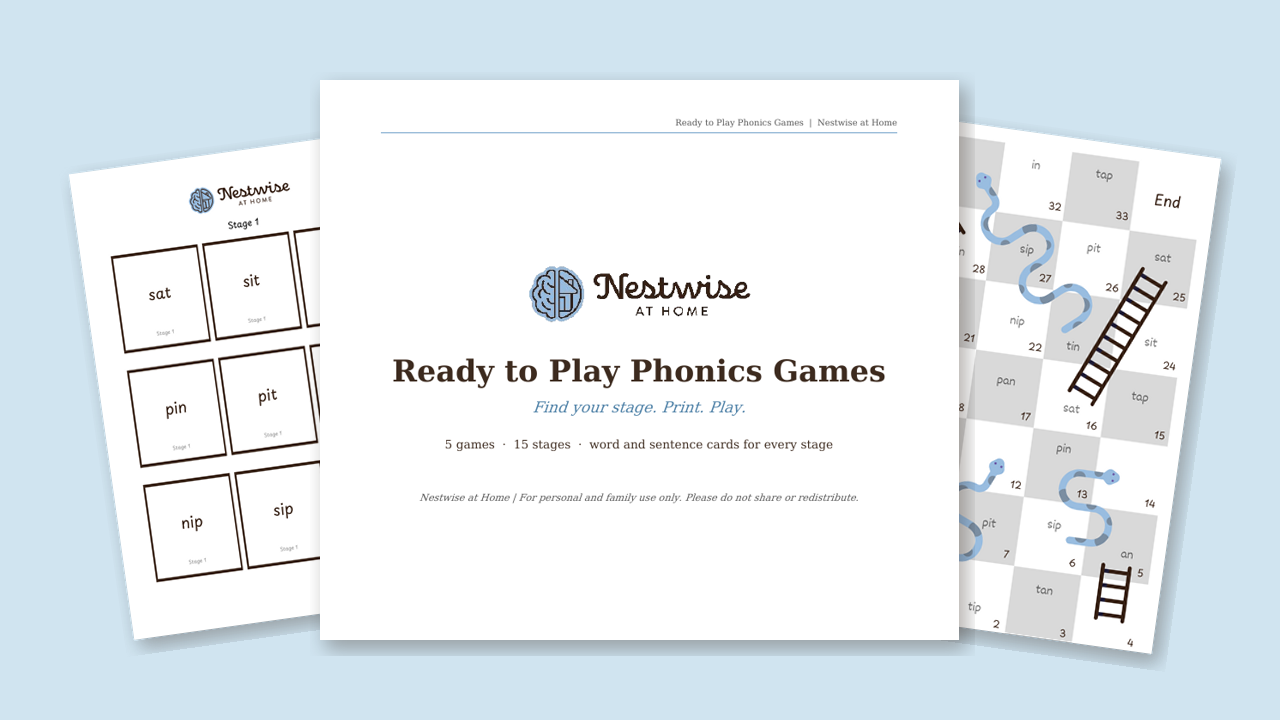 Ready to Play Phonics Games: the cover, a page of word cards and a Snakes and Ladders board