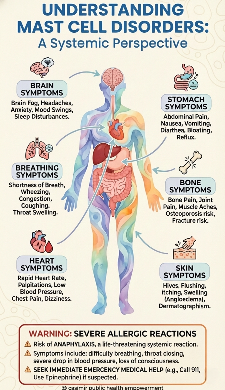 Infographic: Understanding mast cell disorders. Symptoms by body system: brain (brain fog, headaches, anxiety, mood swings, sleep disturbances); stomach (abdominal pain, nausea, vomiting, diarrhea, bloating, reflux); breathing (shortness of breath, wheezing, congestion, coughing, throat swelling); bone (bone and joint pain, muscle aches, osteoporosis and fracture risk); heart (rapid heart rate, palpitations, low blood pressure, chest pain, dizziness); skin (hives, flushing, itching, swelling, dermatographism). Warning: anaphylaxis is life-threatening; call 911 and use epinephrine if suspected.