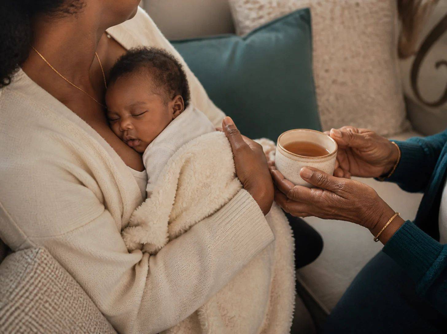 A new mother rests with her baby as a family member brings her a warm drink.