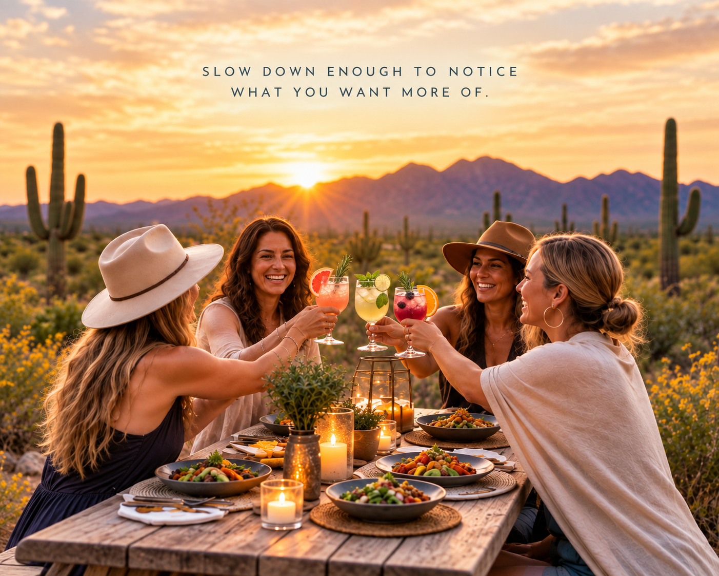 Women sharing mocktails at sunset during a Rooted Reset™ Arizona experience