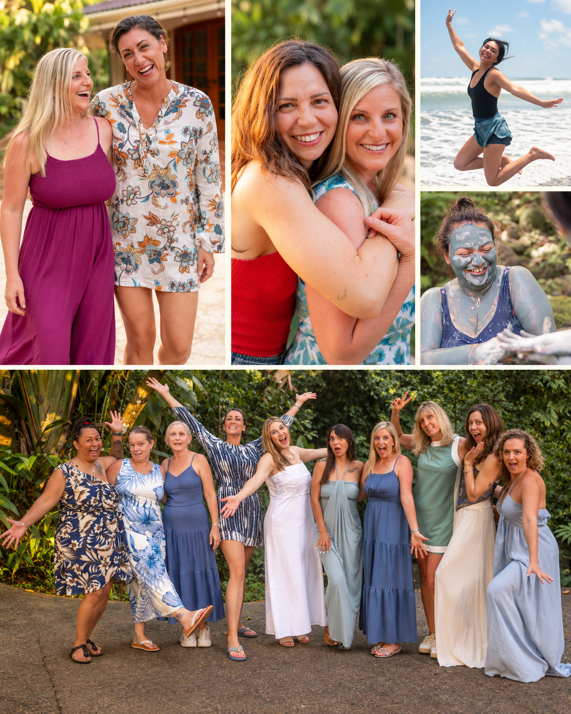 Women enjoying friendship, adventure, the beach, and volcanic mud baths during a Rooted Reset™ Costa Rica retreat