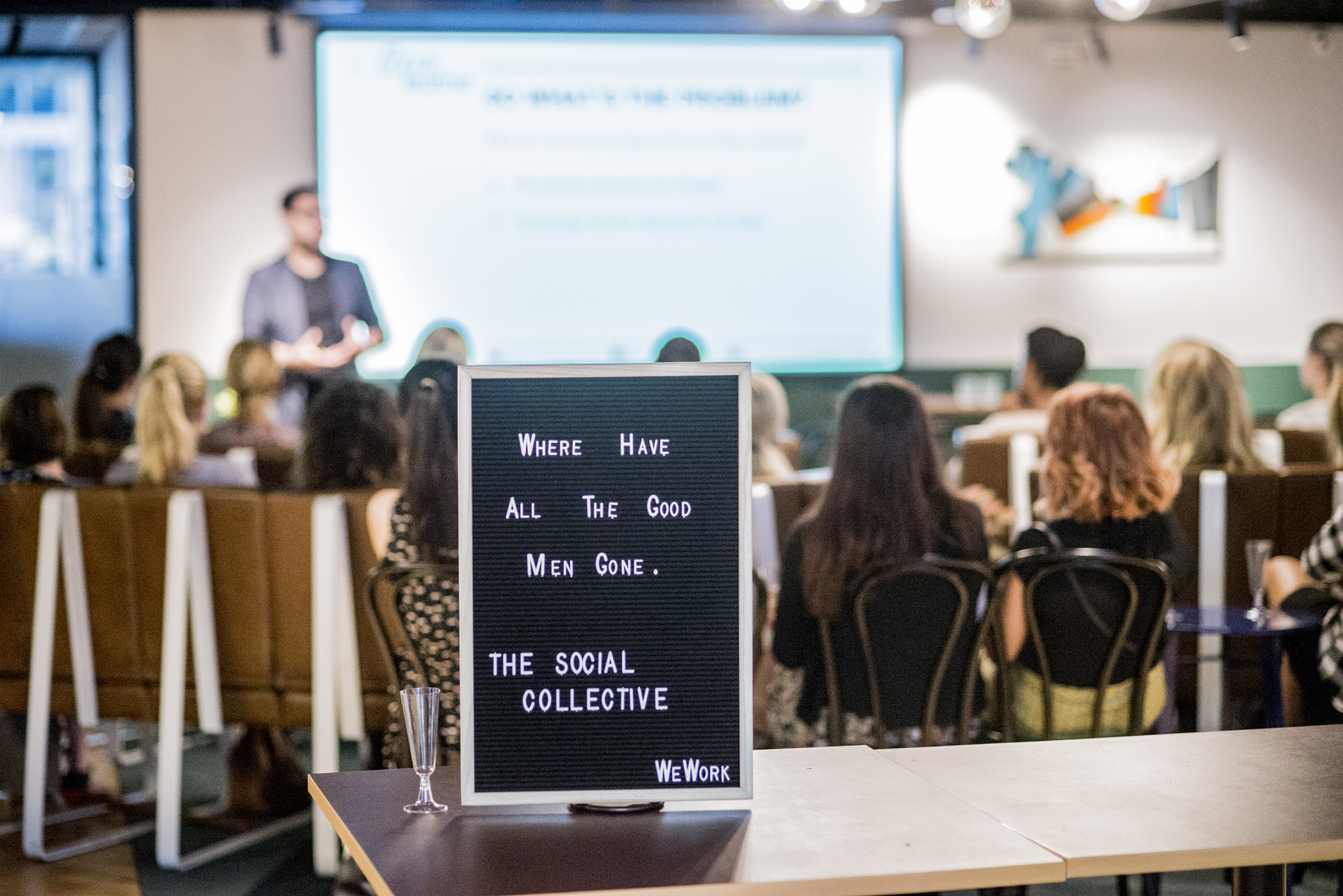 Where Have All The Good Men Gone letterboard at a Social Collective talk