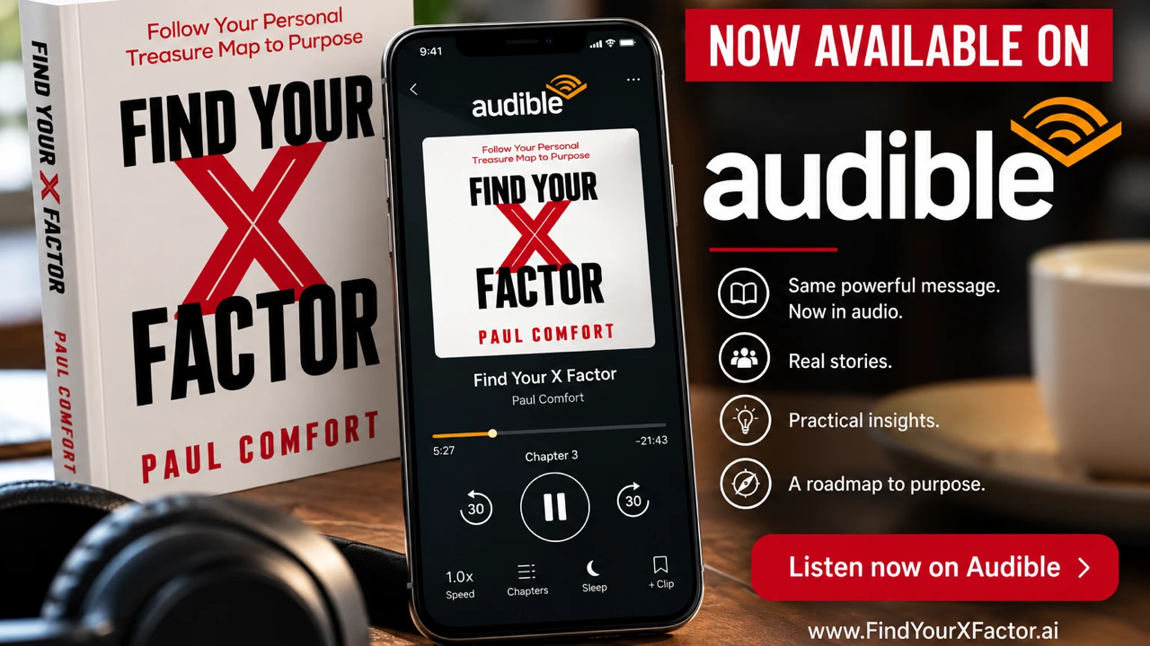 Find Your X Factor audiobook by Paul Comfort, now available on Audible - the book, headphones, and the Audible player showing Chapter 3
