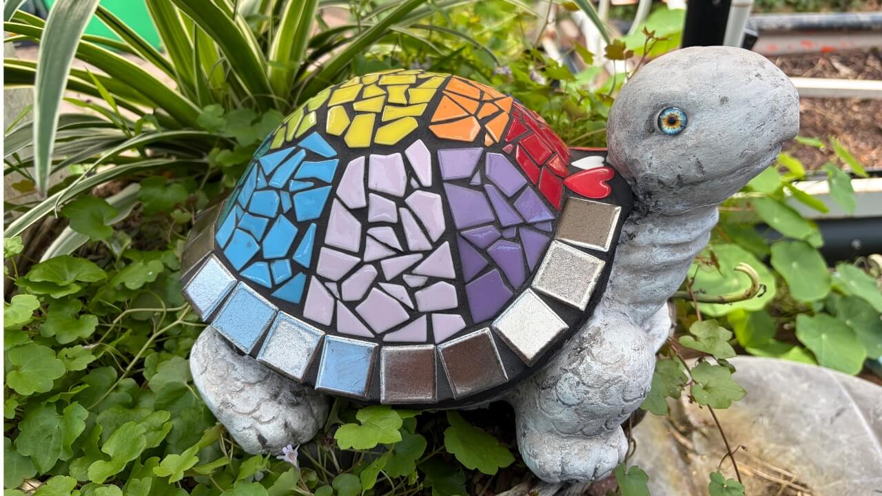rainbow mosaic turtle created at Create n Connect Binningup WA studio workshops