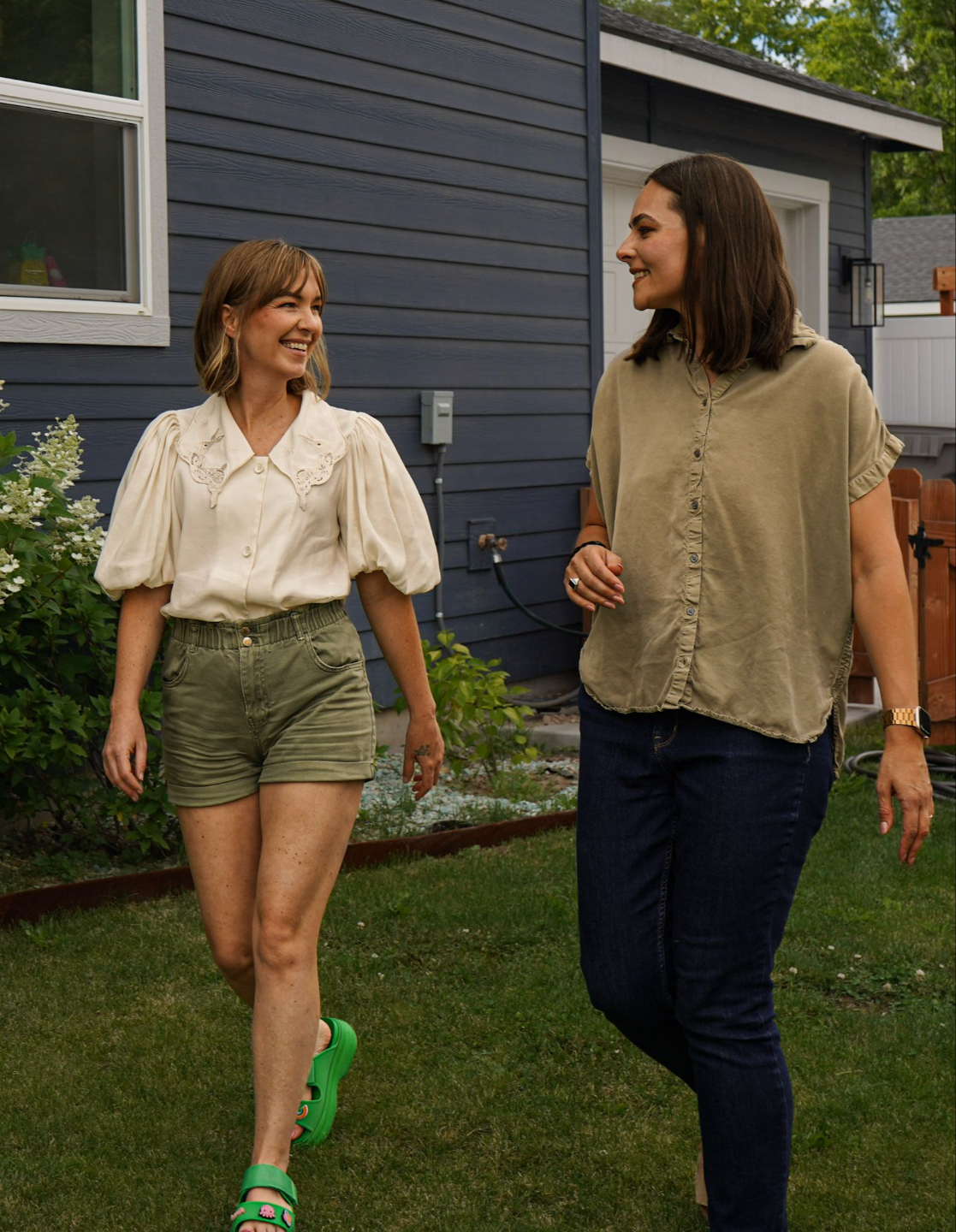 Two women walking and talking