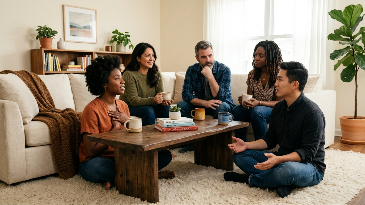 A diverse group of men and women sit together in a warm living room — some on the floor, some on the sofa — sharing quiet conversation as they explore how to heal emotional wounds.