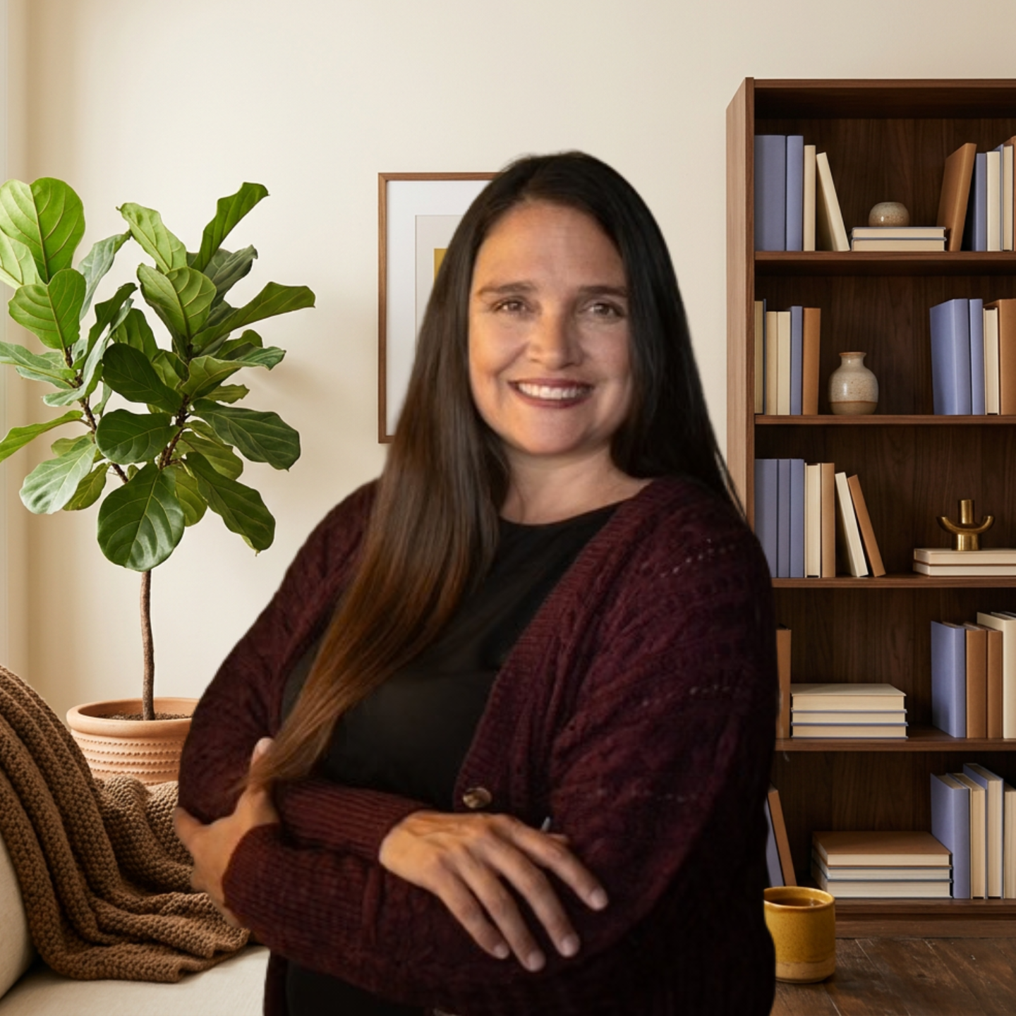 Laura Duncan, founder of The Compassion Method, standing in a cozy living room