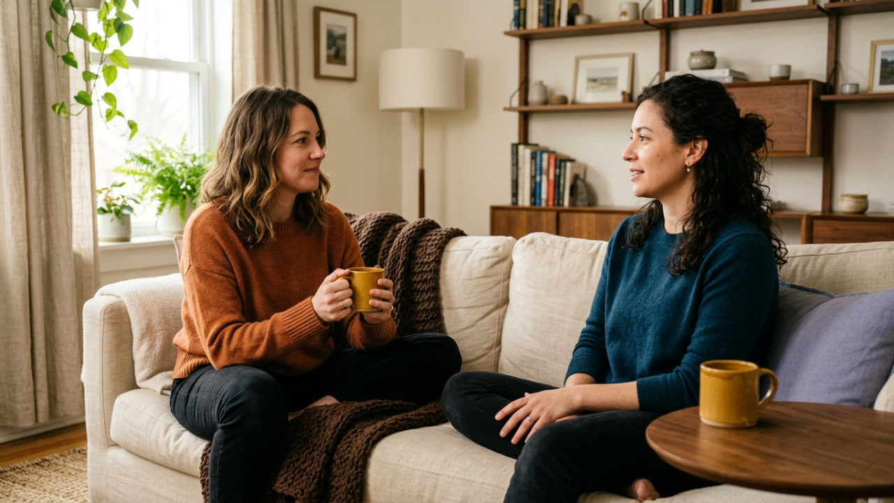 Two women sit on opposite ends of a cream linen sofa in a warm living room, turned toward each other in quiet conversation — one holding a golden mustard mug with both hands as she listens, the other with her mug on the walnut side table beside her as she speaks softly.