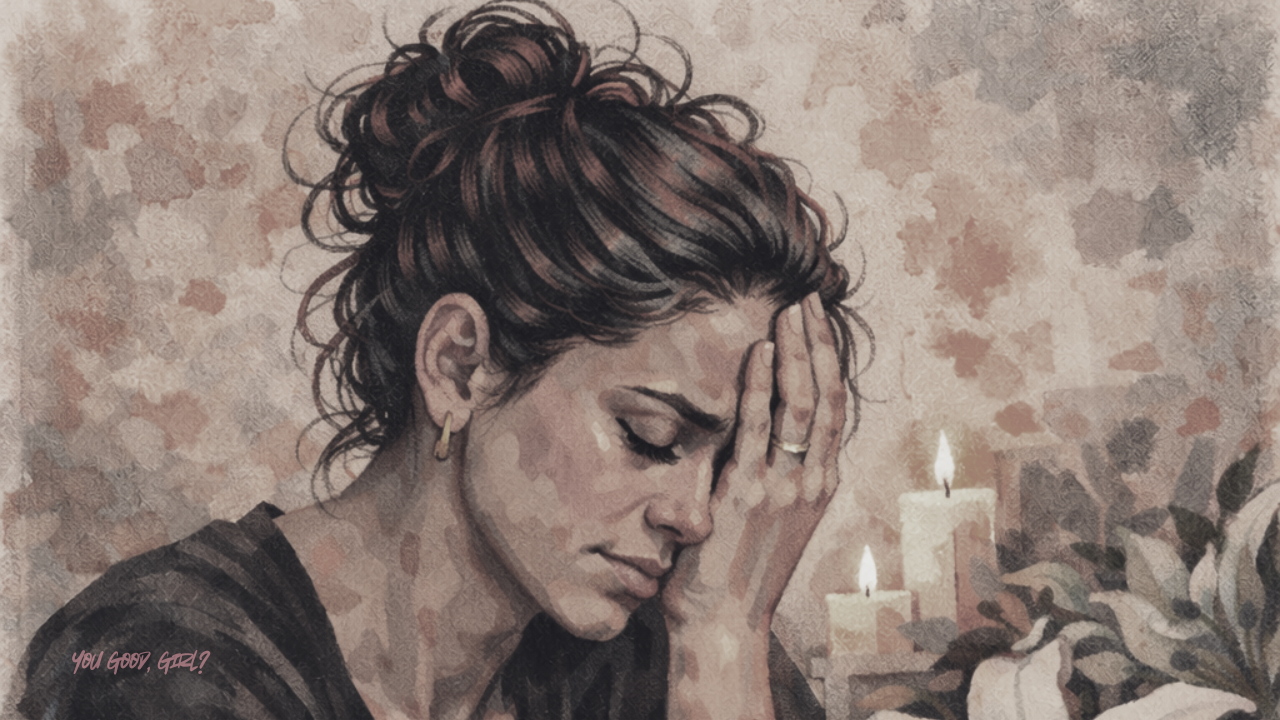 Illustrated portrait of a reflective woman resting her head in her hand beside candlelight, representing the quiet grief many high-functioning women feel when a life that looks successful on paper begins to feel emotionally distant or no longer aligned with who they are becoming.