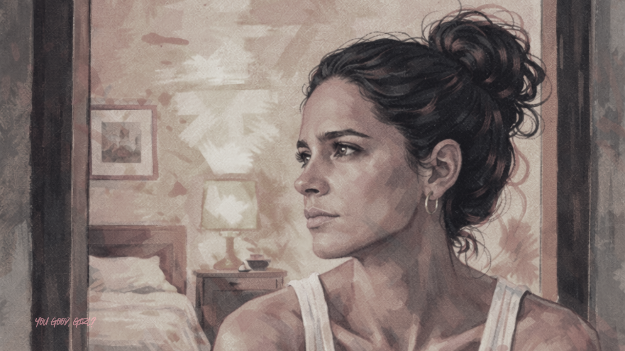 Illustrated portrait of a thoughtful woman sitting on the floor in a quiet bedroom, looking toward the light as she reflects on the moment many high-functioning women feel disconnected from their lives and begin questioning roles, expectations, and rooms they have outgrown after success.