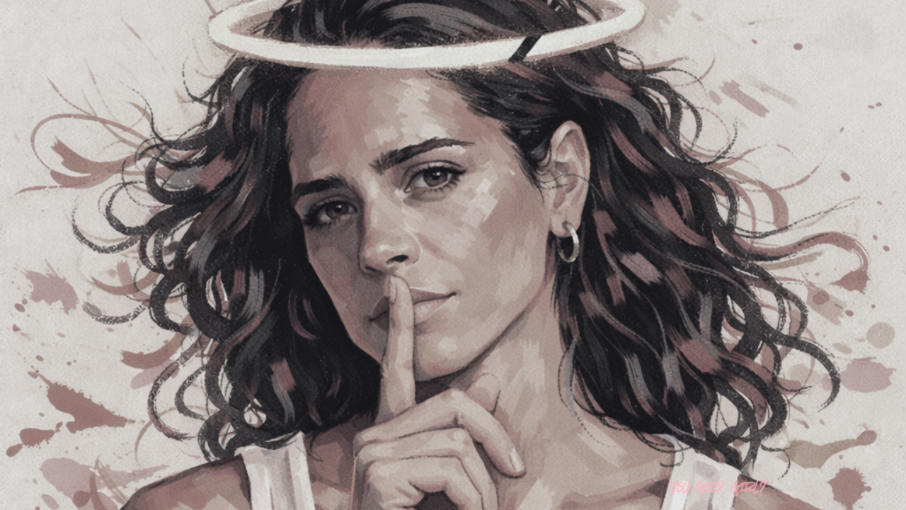 Illustrated portrait of a thoughtful woman with a faint halo and a finger resting against her lips, symbolizing the “good girl” expectations placed on capable women and the quiet identity crisis many high-functioning women experience when life looks successful but feels emotionally empty.